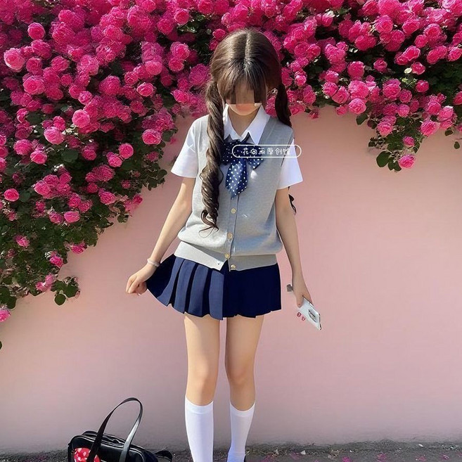 日系軟妹制服針織馬甲短裙套裝女, 1個, 紺色裙 單件L