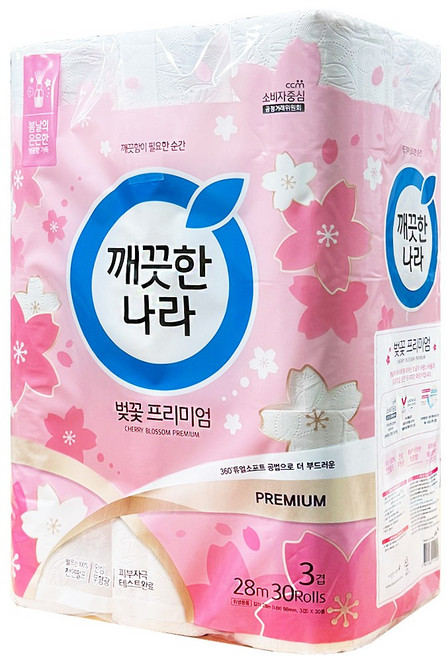 깨끗한나라 벚꽃 프리미엄 3겹 28M 30롤 X1팩, 1개