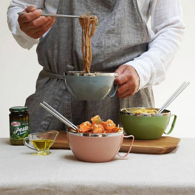 글래즈하임 루미너스 파스타볼 3개 + 스텐젓가락 3개, 1세트, 핑크, 그린, 블루