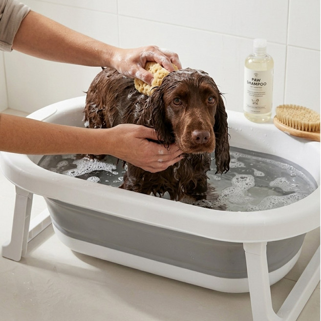 멍묘인 접이식 강아지 욕조 대형 샤워기 거치대 일체형 벽걸이 보관 애견 목욕통, 1개, 그레이