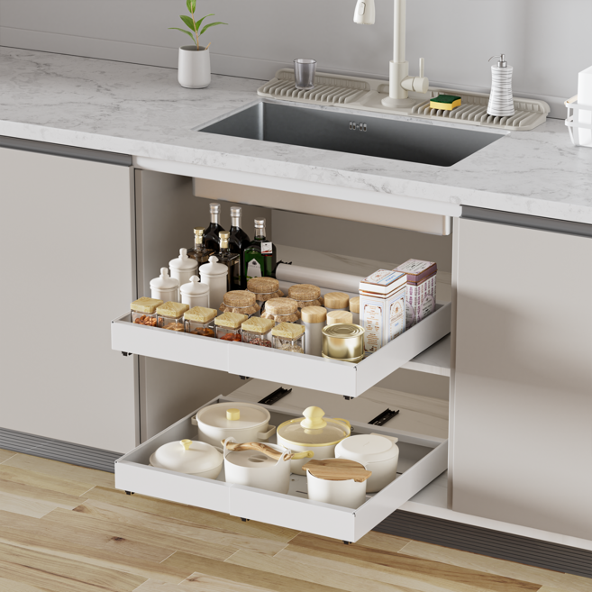싱크대 하부장 슬라이딩 선반 레일형 무타공 길이조절 수납선반, 1개, 화이트