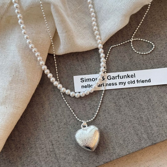 여성 하트 진주 레이어드 두줄 목걸이