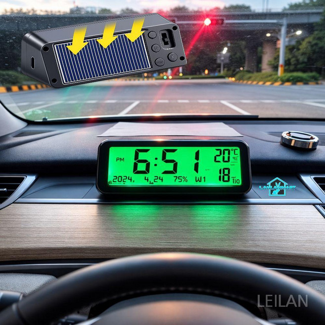 레이란 차량용 태양광 시계 충전 대쉬보드 LED 발광 디지털 온도 습도 전자시계, 블루+그린, 블랙
