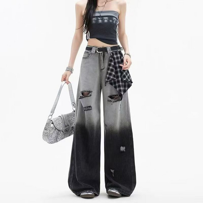 COSYEVNO 여성 봄철 와이드 데님 청바지 빈티지 빈티지 데미지 LFHpdk-1