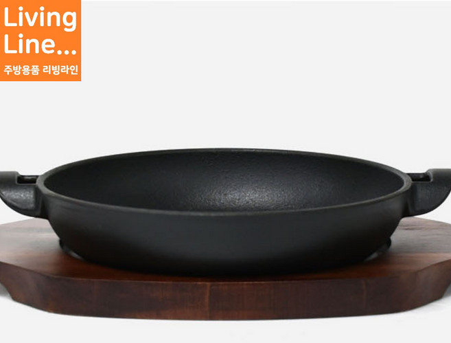 코팅 무쇠 주물팬+나무받침 그라탕팬 원형 스테이크팬 스튜팬 업소용 스파게티 감바스팬 플레이팅 철판 구이팬, 1개, 무쇠 주물팬+목판