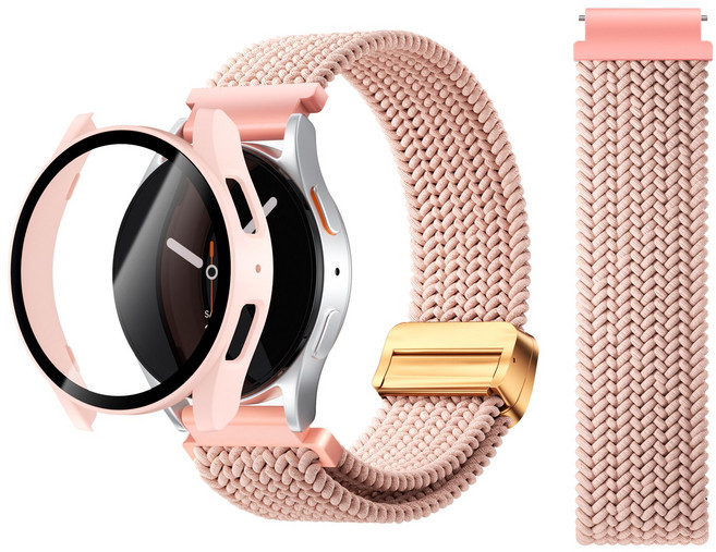 AITEWO 갤럭시워치 애플워치 호환 스트랩 브레이드 솔로루프 버클형 밴드 시계줄 풀커버 강화유리 케이스 세트, 1개, 핑크