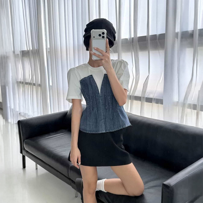 봉봉 데님배색 면혼방 반팔 라운드 캐주얼 여름 꾸안꾸 티셔츠 데일리 20대 여성 블랙