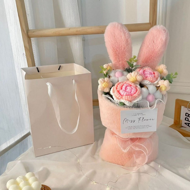토끼 뜨개 꽃다발 완제품 4가지 색상 택1 led 쇼핑백 빼빼로 세트 _ 인형꽃다발 졸업 축하 선물, 1세트, 핑크