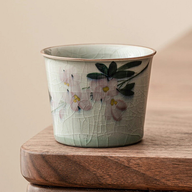 汝窯 冰花手繪玉蘭花茶杯 單杯 陶瓷品茗杯, 如圖所示, 1個