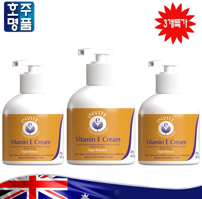 호주 프리미엄 영양 크림 Invite E 항산화 피부 진정 회복 비타민 E 크림 200g 펌프 3병특가 로켓직송, 3병 - 쿠팡