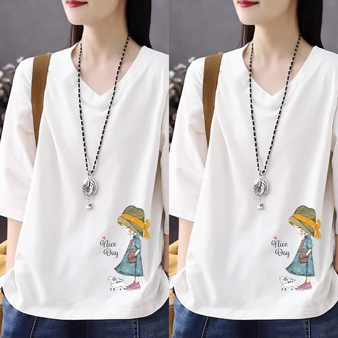 ROYALBELLE (1+1)2장묶음 여성용 V넥 7부소매 티셔츠 봄여름 빅사이즈 루즈핏 반팔티 D0021211