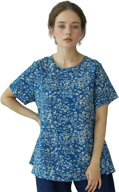 캐리루시 인견 나염 라운드 반팔 블라우스