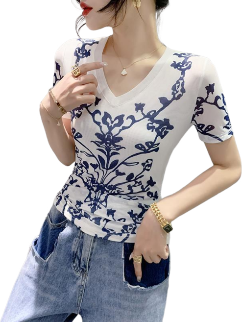 여름 여성 망사 브이넥 반팔 티 댄스복 상의 Women's T-shirt