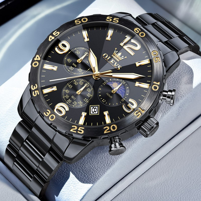 OLEVS 남자손목시계 정품 석영 럭셔리 다기능 스톱워치 워터프루프 야광 메탈 메탈 남성시계