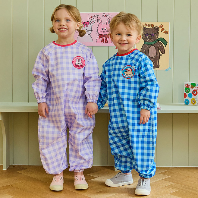 따블리에 체크 방수 전신 유아 미술가운 샘방지봉제