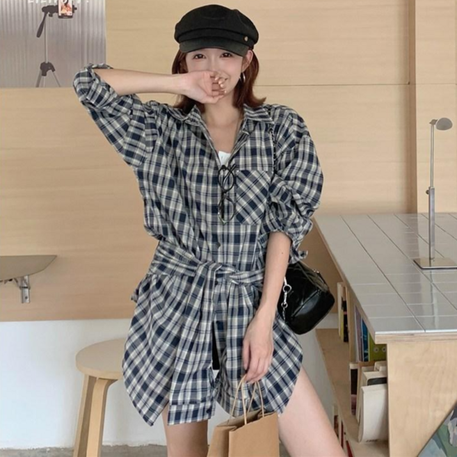 힙샵 봄신상 루즈핏 간절기 오버핏 빈티지 체크 긴팔 롱셔츠 남방