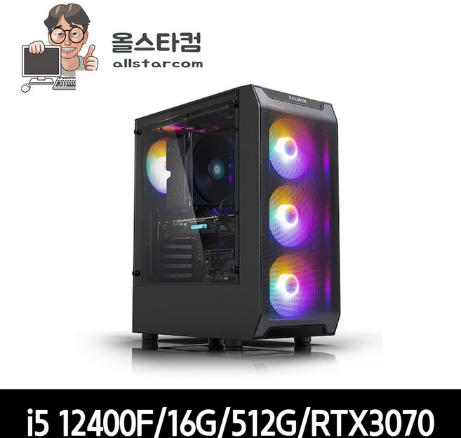 인텔 i5 12400F/16G/SSD512G/RTX3070 중고컴퓨터 조립본체 신품케이스, 512GB, 16GB, Free DOS, 지포스 RTX 3070, i5 12400F