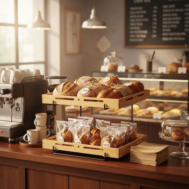 우드트레이 2단 스탠드세트 베이커리 빵 진열 플레이팅 홈카페 나무쟁반 디스플레이, 1세트, 우드베이지