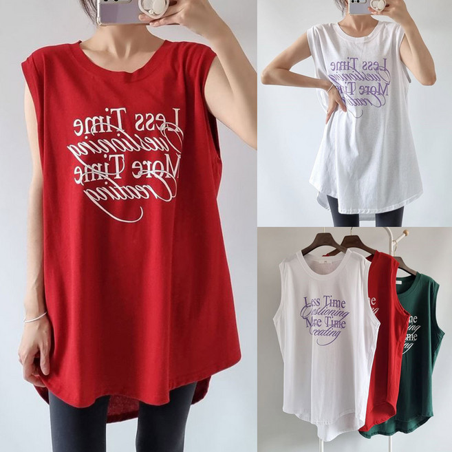여자 빅사이즈 민소매 티셔츠 레스레터링 캐주얼 오버핏 썸머 원피스나시