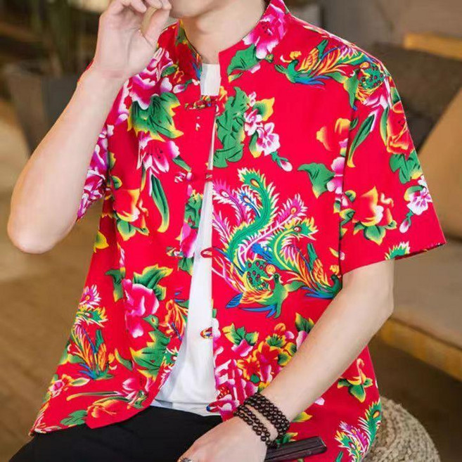 新中式東北大花襯衫中國風盤扣唐裝男士夏季短袖伴郎服衣服國潮風 副廠商品