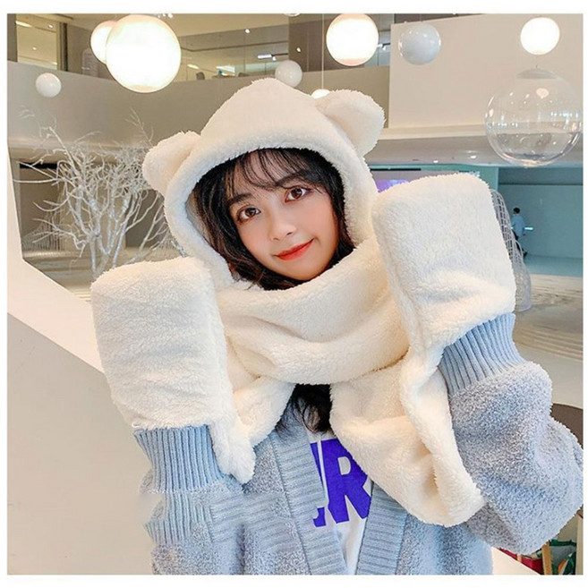 미즈코스 겨울 방한 곰돌이 후드 털 머플러 모자 목도리