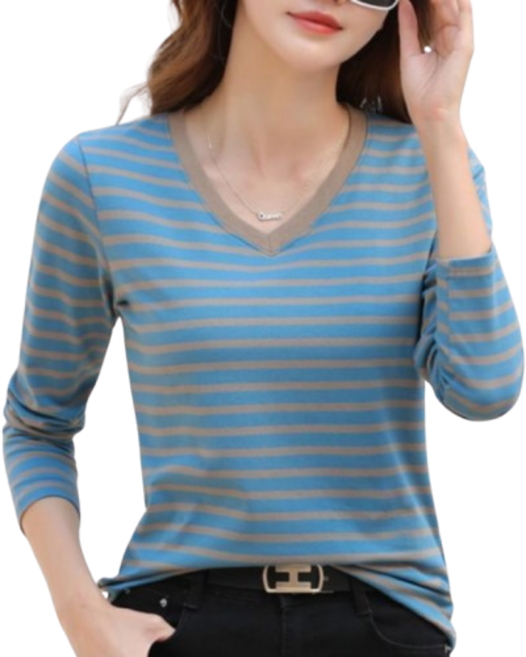 YEON HOME 여성 브이넥 티셔츠 스트라이프 줄무니 긴팔
