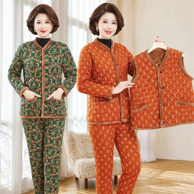 꽃소담 60대 70대 80대 엄마 할머니 김장 융털 보온 내복 상하의 3종 세트 뽀글이 김장패딩 조끼 기모바지 겨울옷 방한복 쓰리피스 MXP26