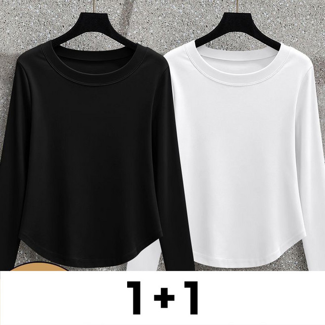 메인워크 1+1 여성용 빅사이즈 라운드넥 티셔츠 봄가을 슬림핏 이너 긴팔 캐주얼 데일리 스판 심플 베이직 환절기 아우터 상의 2매입