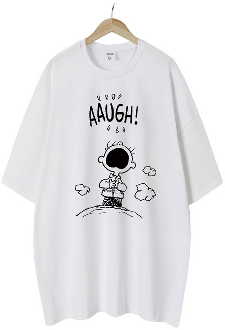 엠제이스타 피너츠 정식라이센스 여성 하품 찰리 반팔 루즈핏 롱 프린팅 캐릭터 티셔츠 오버핏 반팔티