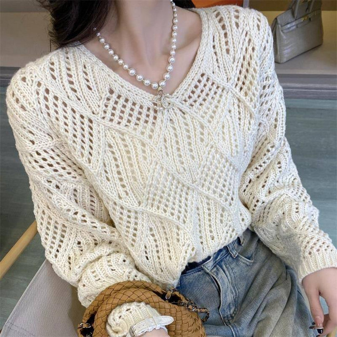 여성용 봄 여름 데일리 브이넥 루즈핏 니트 펀칭 긴팔 티셔츠