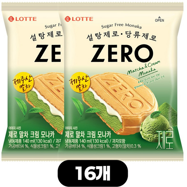 롯데 저당 샌드 아이스크림 제로 말차크림 모나카, 16개, 140ml