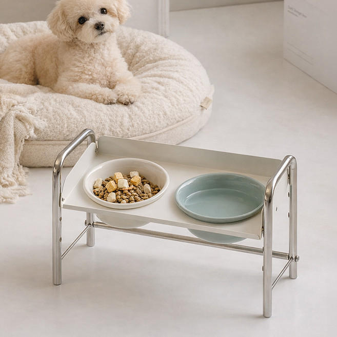 테일리브 강아지 밥그릇 높이조절 식탁 + 그릇 2구 세트 강아지 고양이 식기, 1세트, 라이트민트+크림