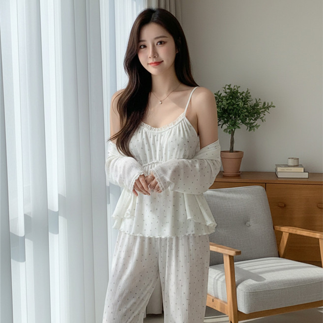 Novah 부드러운 여성 파자마 세트 캡내장 수면잠옷 가디건+나시+바지