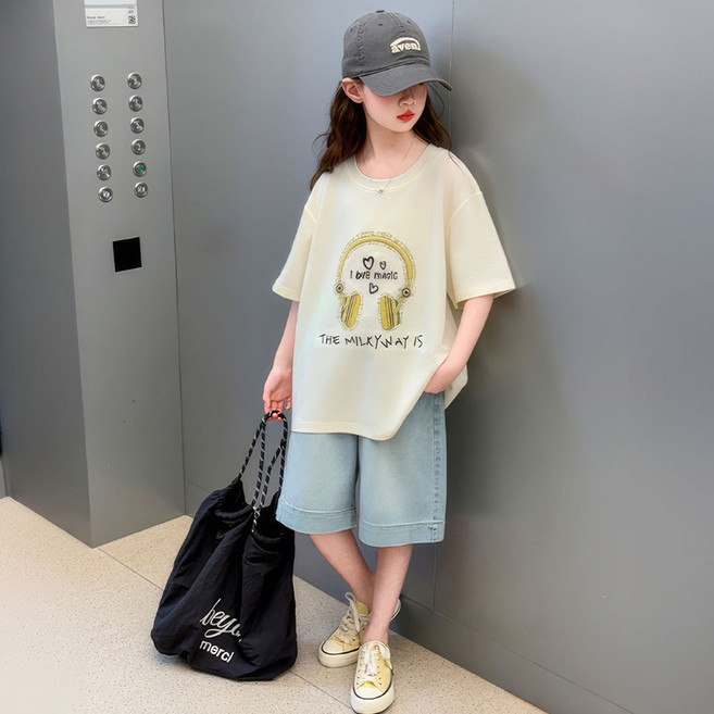 베비포 초중생 헤드셋 반팔티 데님반바지 상하세트 -LW9