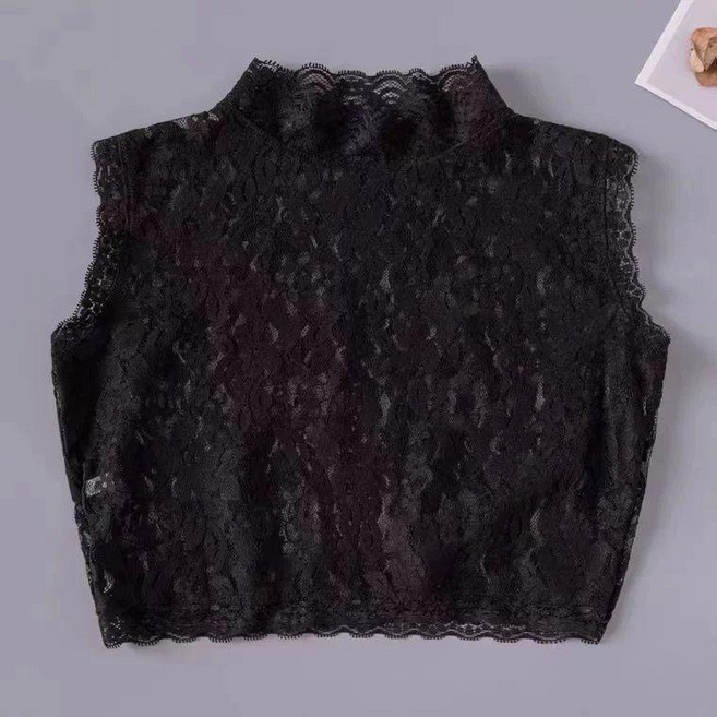 彈力高領蕾絲打底衫, 黑色,XL, 黑色,XL