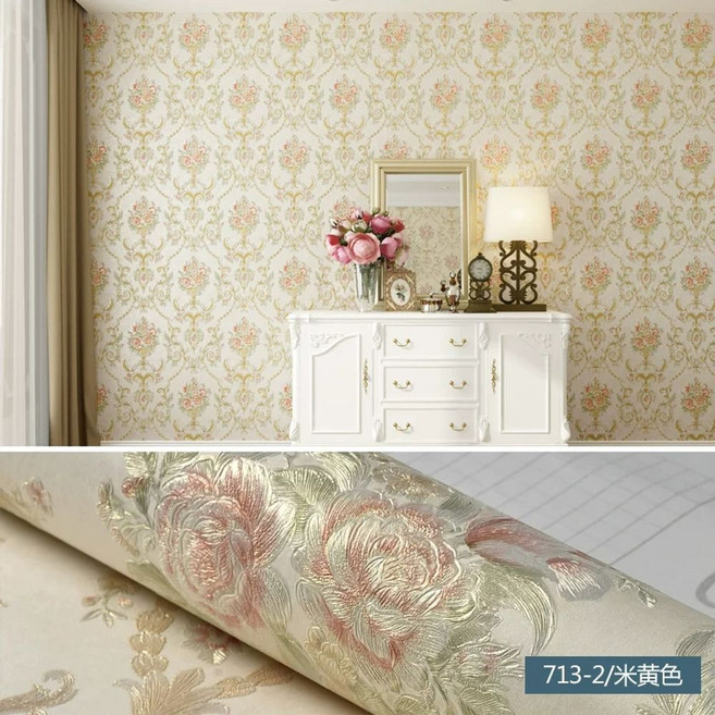 유럽스타일 3D 플라워 붙이는 벽지 수입 포인트 꽃무늬 스티커 거실 셀프도배, 미황색 713