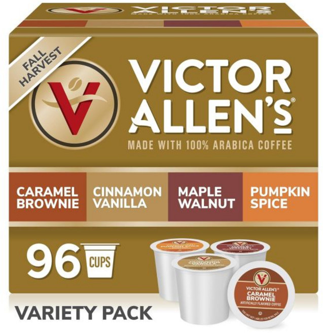 Victor Allen's Coffee 스타벅스 커피 빅터 앨런의 다양팩 프렌치 바닐라 맛 캐러멜 마키아토 헤이즐넛 32개입 키우릭 K컵 머신용 싱글 서브 포드, 가을 수확 커피 다양성, 96개 (1팩), 1개