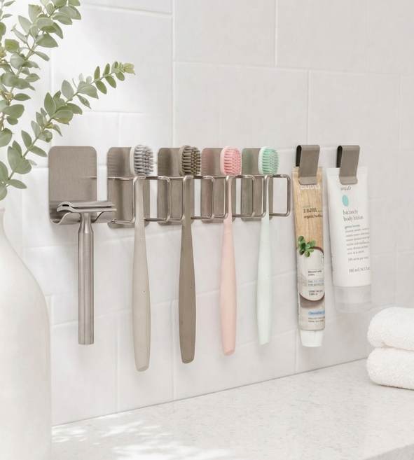 홈브릿지 올스텐 304 무타공 칫솔걸이 칫솔꽂이 4인용 세트, 1세트, 실버