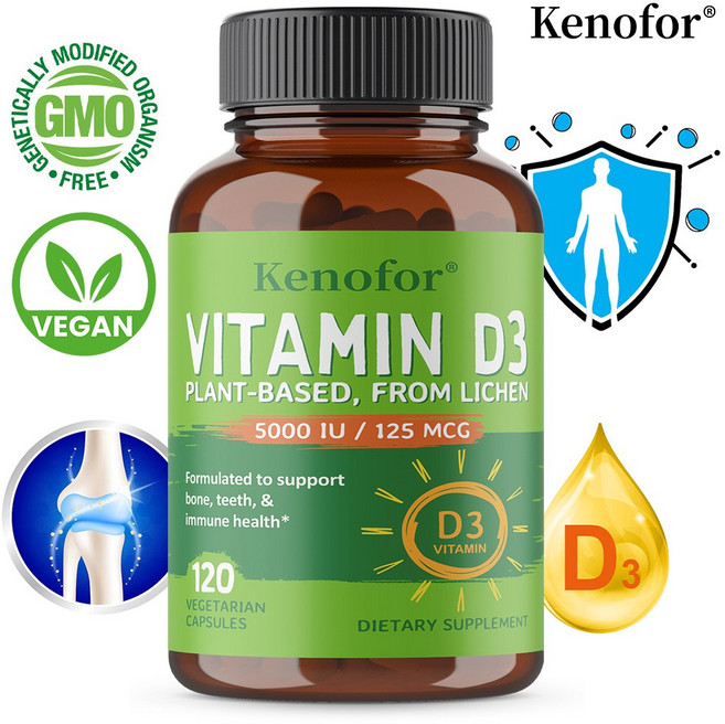 비타민 D3 보충제 5000 IU - 이끼 유래 식물 추출물 - 면역체계 강화 뼈 건강 지원 관절 건강 유지 - 고효율 비건, 1개, 60회분
