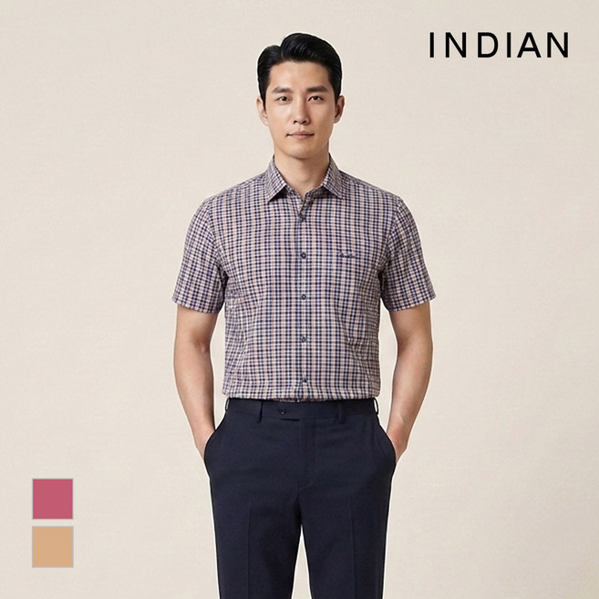 [INDIAN] 린넨블렌드 미니멀 체크 반팔셔츠_MITNSYM4131