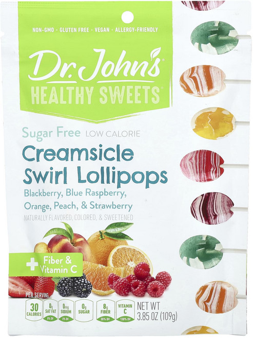 건강챙기세요 Dr. John's Healthy Sweets 크림시클 스월 롤리팝 섬유소 및 비타민C 함유 블랙베리 블루라즈베리 오렌지 복숭아 및 딸기 무설탕 109g(3.85oz), 109g, 1개