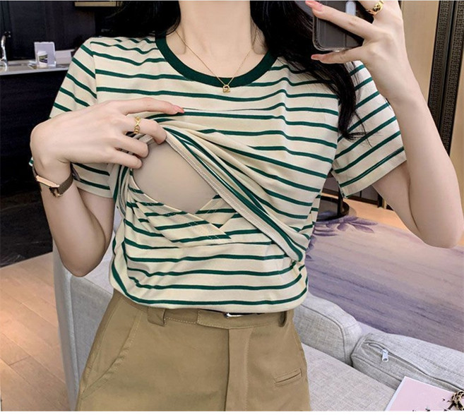 자칠 여성 줄무늬 임산부 수유 반팔 티셔츠 상의