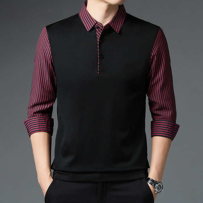 꽃소담 중년 남성 봄가을 단추 카라 긴팔 티셔츠 줄무늬 레이어드 긴팔 카라티 일상복 근무복 상의 MQ999