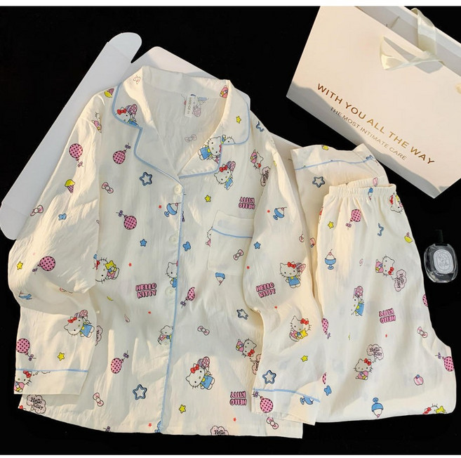 Lris 헬로키티 남녀공용 잠옷세트 봄가을 커플 홈웨어 상하세트