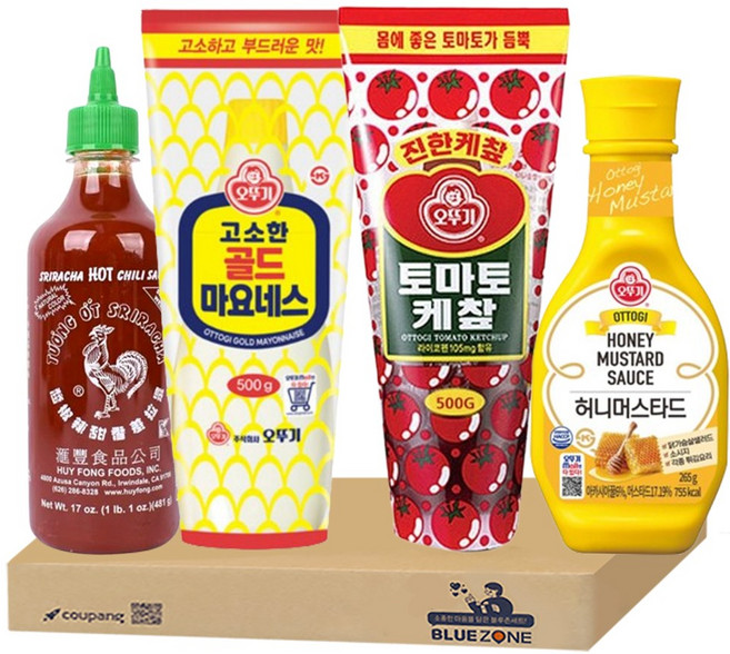생활 필수 소스 4종 (오뚜기 마요네즈 500g + 오뚜기 케찹 500g + 허니머스타드 265g + 후이펑 스리라차 255g), 1세트