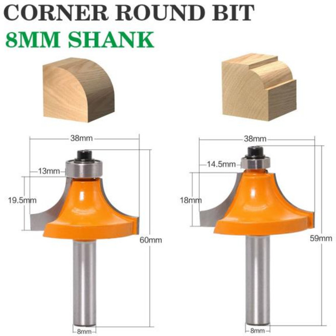 목공 공구용 생크 라운드 오버 라우터 비트 베어링 밀링 커터 코너 2 플루트 엔드밀 8mm 1 개, 05 8X38B
