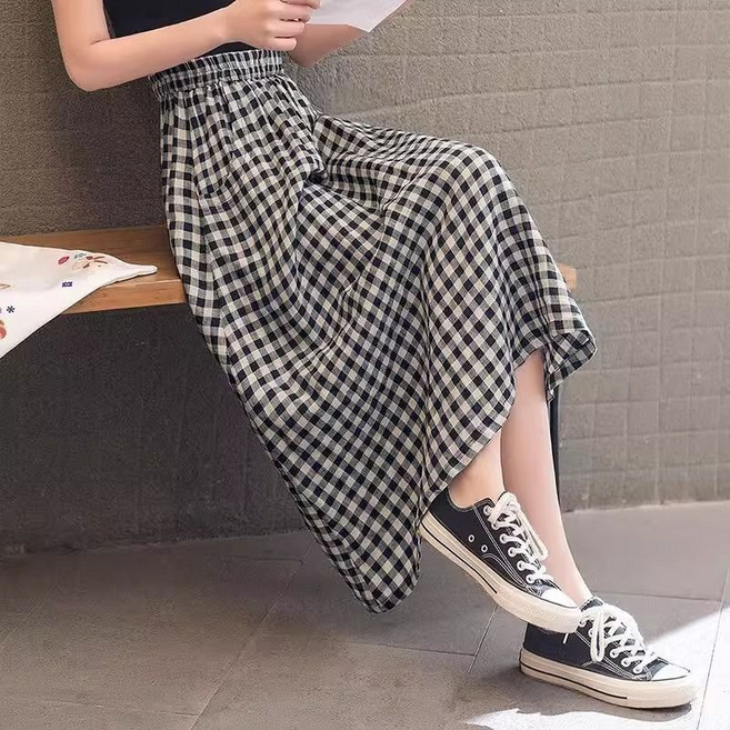 해피유통 여성 여름 루즈핏 하이웨스트 앤티크 체크 베이직 스커트 GDfxx