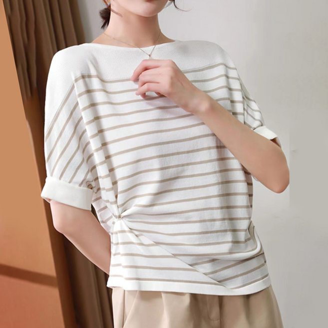 데일리쮸 여성 루즈핏 크롭 단가라 반팔 니트 티셔츠