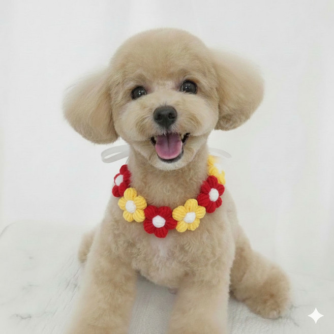 하니펫 반려동물 귀요미스카프 뜨게꽃레이스, 1개, 빨강노랑