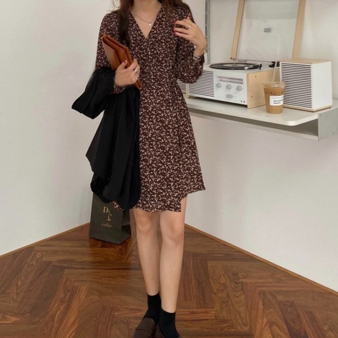 랩 미니 원피스 플라워 브이넥 여성 치마